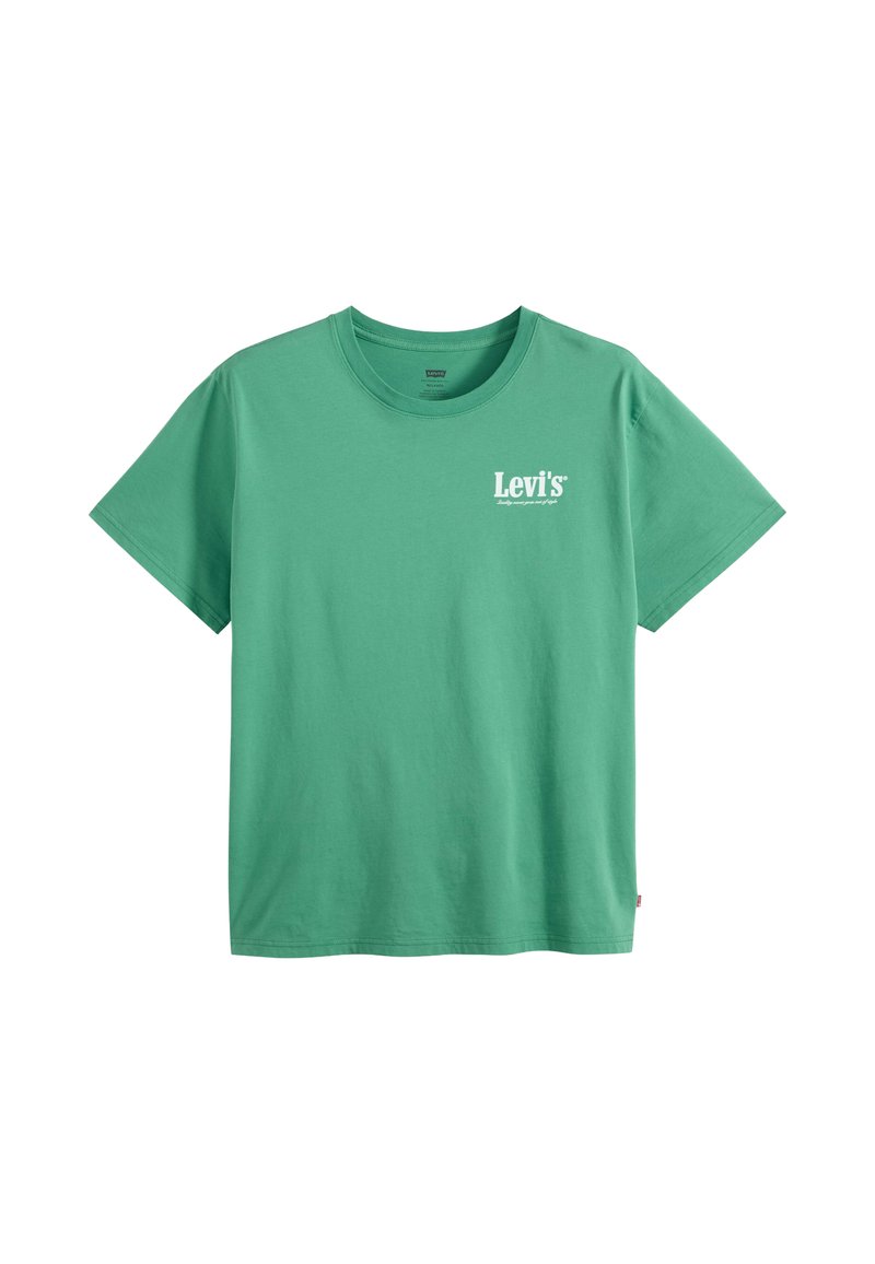 Grünes Levi's T-Shirt mit kurzen Ärmeln, weißem Logo auf der linken Brust, Rundhalsausschnitt und lockerer Passform auf weißem Hintergrund.