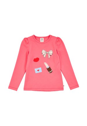 Pinkes Langarmshirt mit aufgepufften Schultern, verziert mit einer Schleife, roten Lippen, einem Liebesbrief und einer Lippenstift-Grafik auf der Vorderseite.