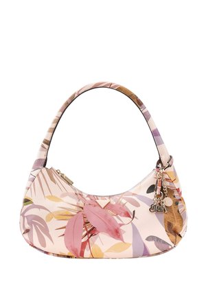 Small handbag with a curved handle, featuring a pastel floral pattern in pink, purple, and yellow tones, with metal charm accents.