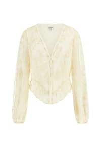 Doorzichtige gele blouse met bloemenborduursel, V-hals met striksluiting, lange mouwen en een gerimpelde zoom.