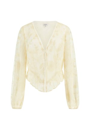 Doorzichtige gele blouse met bloemenborduursel, V-hals met striksluiting, lange mouwen en een gerimpelde zoom.