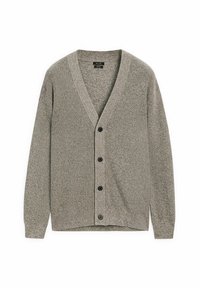 Grå stickad cardigan med V-ringning, långa ärmar och sex svarta knappar fram. Har en texturerad tyg och en avslappnad design.