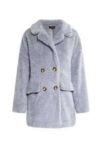 Lys blå faux fur frakke med slagkrave, dobbeltbrystet design, to forlommer og knapper i guldfarve. Blød tekstur, mellemlang.