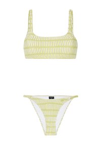 Dvodelni bikini set s topom s kvadratnim izrezom i donjim dijelom niskog struka, izrađen od mekanog materijala u svijetlozelenoj boji s vertikalnim bijelim prugama.