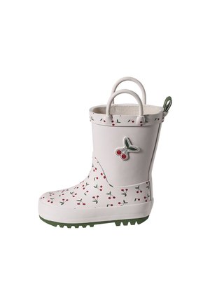 White rubber rain boot with red cherry print, green accents, double handles, textured sole, and a flat, rounded silhouette.