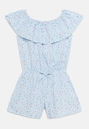 Φωτεινό γαλάζιο ολόσωμο σορτς με λουλουδάτο σχέδιο, ανοιχτού τύπου με βολάν στο ντεκολτέ και κορδόνι στη μέση, διακοσμημένο με μικρά ροζ και μπλε λουλούδια.