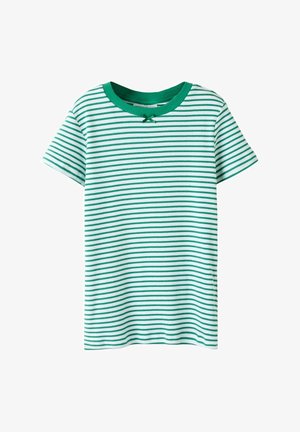 Green and white striped short-sleeve t-shirt with a ribbed neckline and a small stitched bow detail at the collar. Cotton fabric texture.