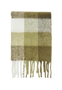 Blød uldhalstørklæde med olivengrøn, beige og hvidt ternet mønster samt frynser i enderne på en hvid baggrund.