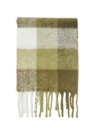 Blød uldhalstørklæde med olivengrøn, beige og hvidt ternet mønster samt frynser i enderne på en hvid baggrund.