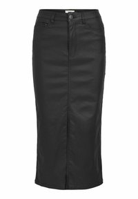 Jupe crayon en denim noir avec une fente frontale, braguette zippée et fermeture par bouton. Comprend un design classique à 5 poches et un tissu lisse et texturé.