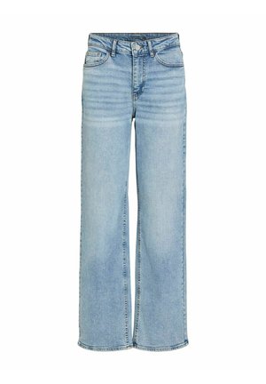 Világoskék, magas derekú, széles szárú farmernadrág elülső gombbal, cipzárral és ötlovas zsebszerkezettel, fehér háttéren bemutatva.