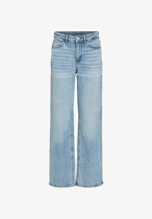 Világoskék, magas derekú, széles szárú farmernadrág elülső gombbal, cipzárral és ötlovas zsebszerkezettel, fehér háttéren bemutatva.