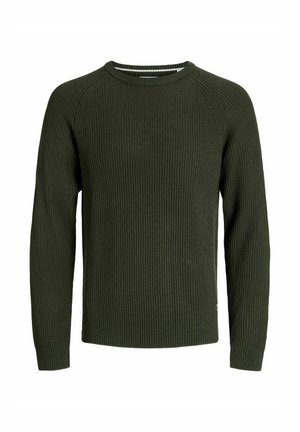 Pull en maille côtelée vert foncé, à manches longues et col rond, avec un tissu texturé et un design minimaliste.