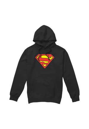 Black hooded sweatshirt with red and yellow Superman logo on the chest and front kangaroo pocket.