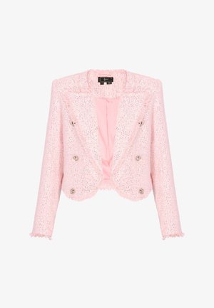 Rosa, kurz geschnittene Jacke aus strukturiertem, funkelndem Stoff, mit doppelreihigem Design, silbernen Knöpfen und Fransen entlang der Kanten.