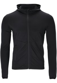 Sort letvægts zip-up jakke med hætte. Har lange ærmer, to sidelommer og en glat tekstur uden synlige mønstre eller accenter.