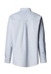 Camicia a maniche lunghe a righe blu chiaro e bianche con piega sul retro, polsini con bottone e colletto classico. Realizzata in tessuto tessuto.