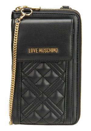Black quilted leather wallet with gold chain and "LOVE MOSCHINO" logo embossed in gold on front pocket flap.