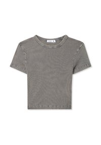 T-shirt a maniche corte a righe grigie realizzato in tessuto a coste, caratterizzato da un colletto rotondo e un design accorciato.