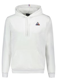 Haut à capuche blanc avec un cordon de serrage, poche kangourou à l'avant et logo brodé sur la poitrine. Présente un tissu texturé et des poignets côtelés.