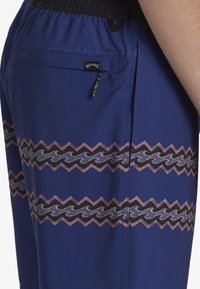 Shorts de bain bleus avec une taille élastique, dotés d'un motif en zigzag noir, blanc et rose, et d'une poche latérale zippée.