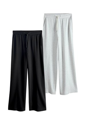 Black and light gray wide-leg pants with elasticated waistbands, drawstrings, and side pockets; soft fabric with slight texture.