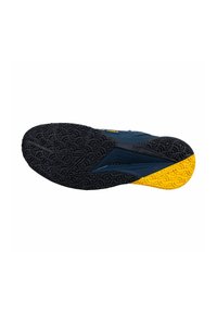 Black and yellow athletic shoe sole with intricate tread pattern, featuring a textured finish and a prominent brand logo.