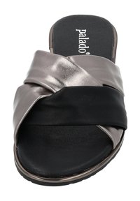Slide sandal in metallic light gray and black leather, featuring a crossover design with a textured black insole and minimalistic black sole.