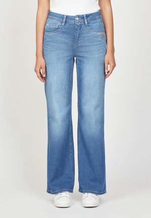 Light blue wide-leg jeans with a classic five-pocket design. Made of denim, featuring a zip fly and brass button. Smooth texture.