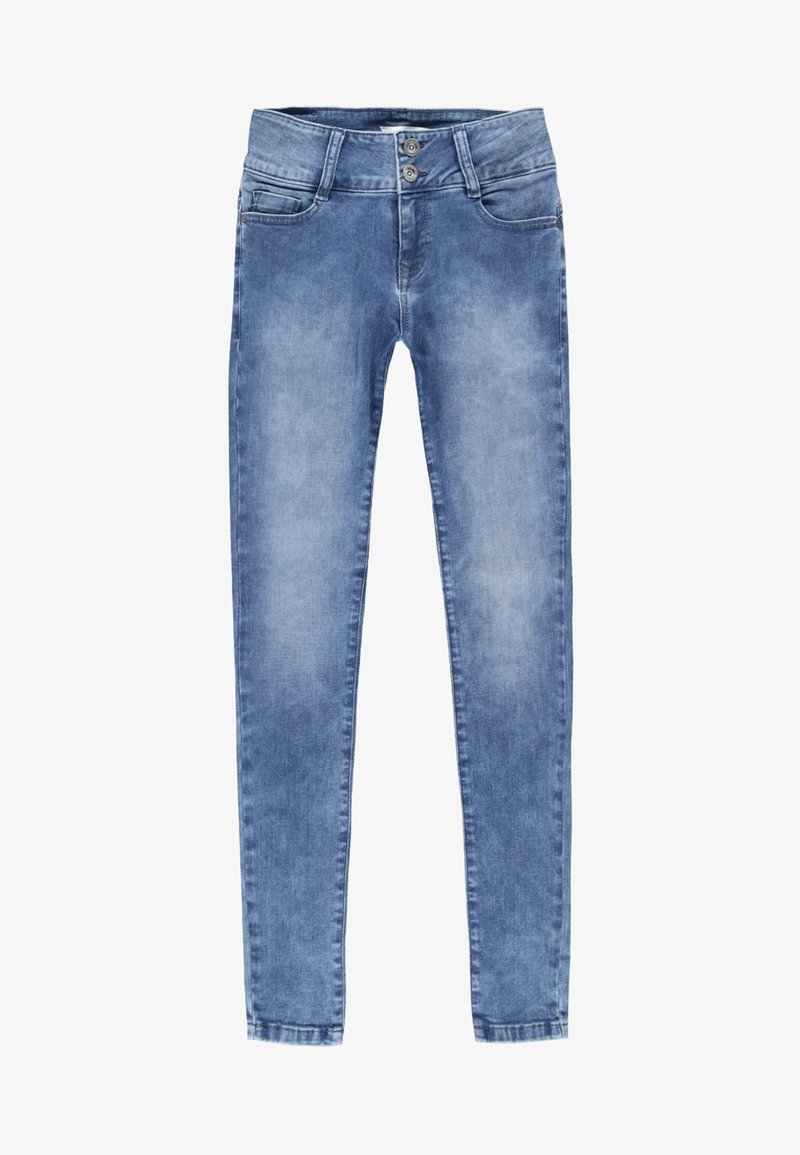 Skinny jeans in light blue denim. Features a classic five-pocket design, two-button closure, and faded texture with slight whiskering.