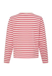 Haut à manches longues en blanc cassé avec des rayures rouges. Col rond classique et ourlet droit, avec une texture unie et un design simple.