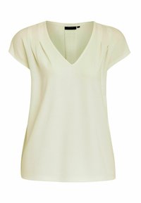 V-Ausschnitt Kurzarm-Top in hellbeige, aus weichem Stoff. Mit dezenten Falten an den Schultern und einem lockeren Schnitt für optimalen Komfort.