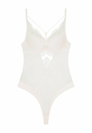 Lace bodysuit in soft white with a plunging neckline, adjustable straps, and a floral pattern. Features a thong back design.