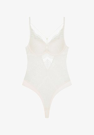 Koronkowy bodysuit w delikatnym białym kolorze z głębokim dekoltem, regulowanymi ramiączkami oraz kwiatowym wzorem. Posiada zalotny tył w stylu string.