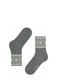 Graue gerippte Socken mit einem gemusterten cremefarbenen Design am Bündchen und einem glatten Zehenbereich. Das Markenlogo ist dezent auf der Sohle aufgedruckt.