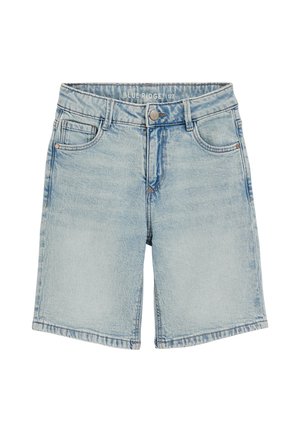 Jasnoniebieskie krótkie spodenki dżinsowe z przednimi kieszeniami, szlufkami na pasek, zapięciem na guziki oraz wyblakłym efektem na tkaninie.