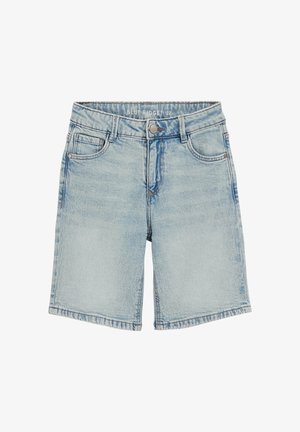 Shorts en denim bleu clair avec poches avant, passants pour ceinture, fermeture à bouton, et effet délavé sur le tissu.