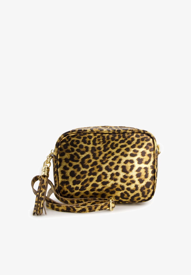 Kabelka přes rameno s leopardím vzorem v metalické zlaté a černé barvě, s hladkým povrchem, s třásněmi a odnímatelným popruhem.