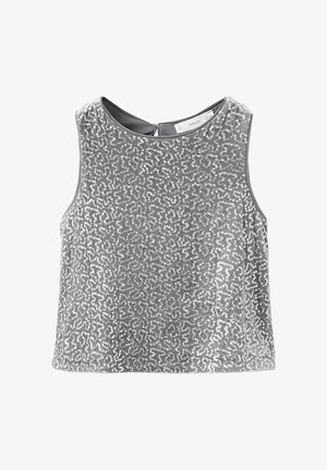 Top argintiu fără mâneci, cu un design texturat, paiete risipite, decolteu rotund și închidere la spate cu orificiu cheie.