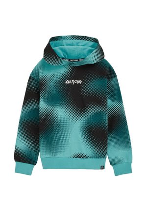 Bluza z kapturem w turkusowo-czarny gradient z wzorem w kropki, z przodu logo "SALTY DOG", ściągacze przy rękawach, kaptur oraz mała metka z logo na dole.