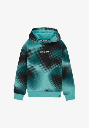 Kapuzensweatshirt mit Farbverlauf in Türkis und Schwarz mit gepunktetem Muster, Frontlogo „SALTY DOG“, gerippte Bündchen, Kapuze und kleinem Logoschild am Saum.