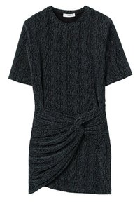 Abito grigio scuro con un motivo testurizzato, maniche corte e un dettaglio a nodo drappeggiato in vita. Collo rotondo e vestibilità rilassata.