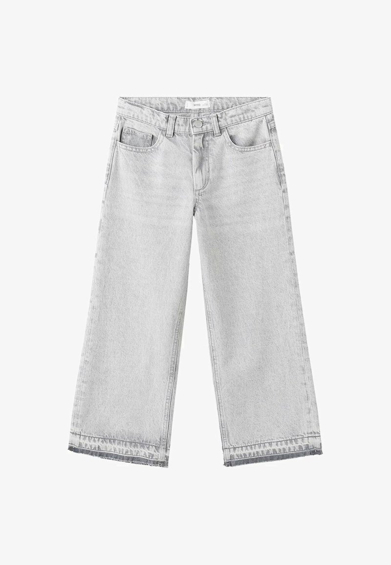 Jean large gris clair en denim. Il présente une taille haute, deux poches avant et un ourlet brut, avec un léger effet délavé.