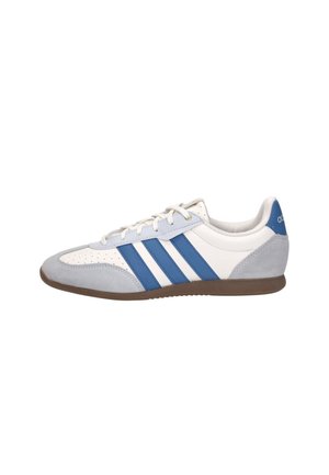 White and gray sneaker with blue stripes and brown sole, low-cut design, lace-up front, and padded heel collar.