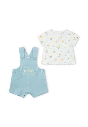 Peto de pana azul para bebé con texto "PLAY" y camiseta blanca de manga corta con un diseño de formas abstractas en tonos pastel.