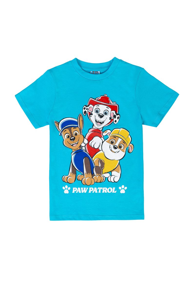 Maglietta per bambini turchese in cotone, con personaggi dei cartoni animati di Paw Patrol: tre cani dai colori e dalle espressioni distintive.