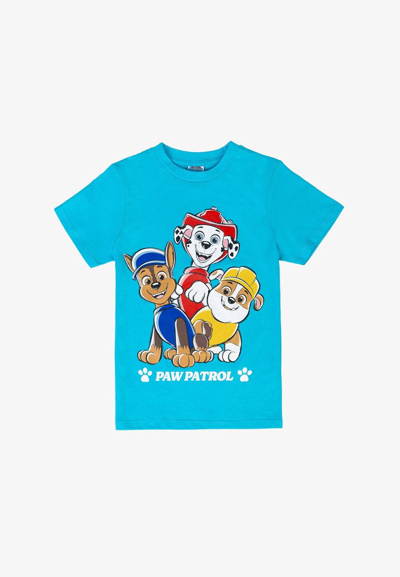 Maglietta per bambini turchese in cotone, con personaggi dei cartoni animati di Paw Patrol: tre cani dai colori e dalle espressioni distintive.