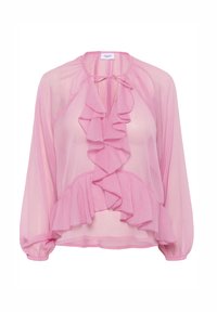 Blouse en chiffon rose avec des manches longues, décolleté en V et détails de volants froncés à l'avant. Elle présente une fermeture par lien au niveau du col.
