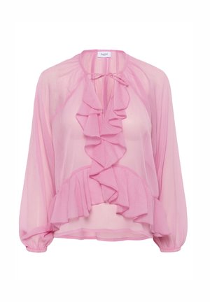 Blouse en chiffon rose avec des manches longues, décolleté en V et détails de volants froncés à l'avant. Elle présente une fermeture par lien au niveau du col.