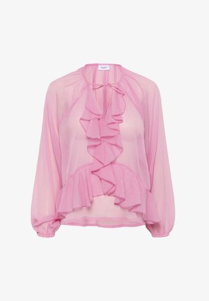 Roosa šifoonbloos, millel on pikad varrukad, V-kaelus ja volditud rüüsid ees. Kaeluse küljes on paela kinnitamine.